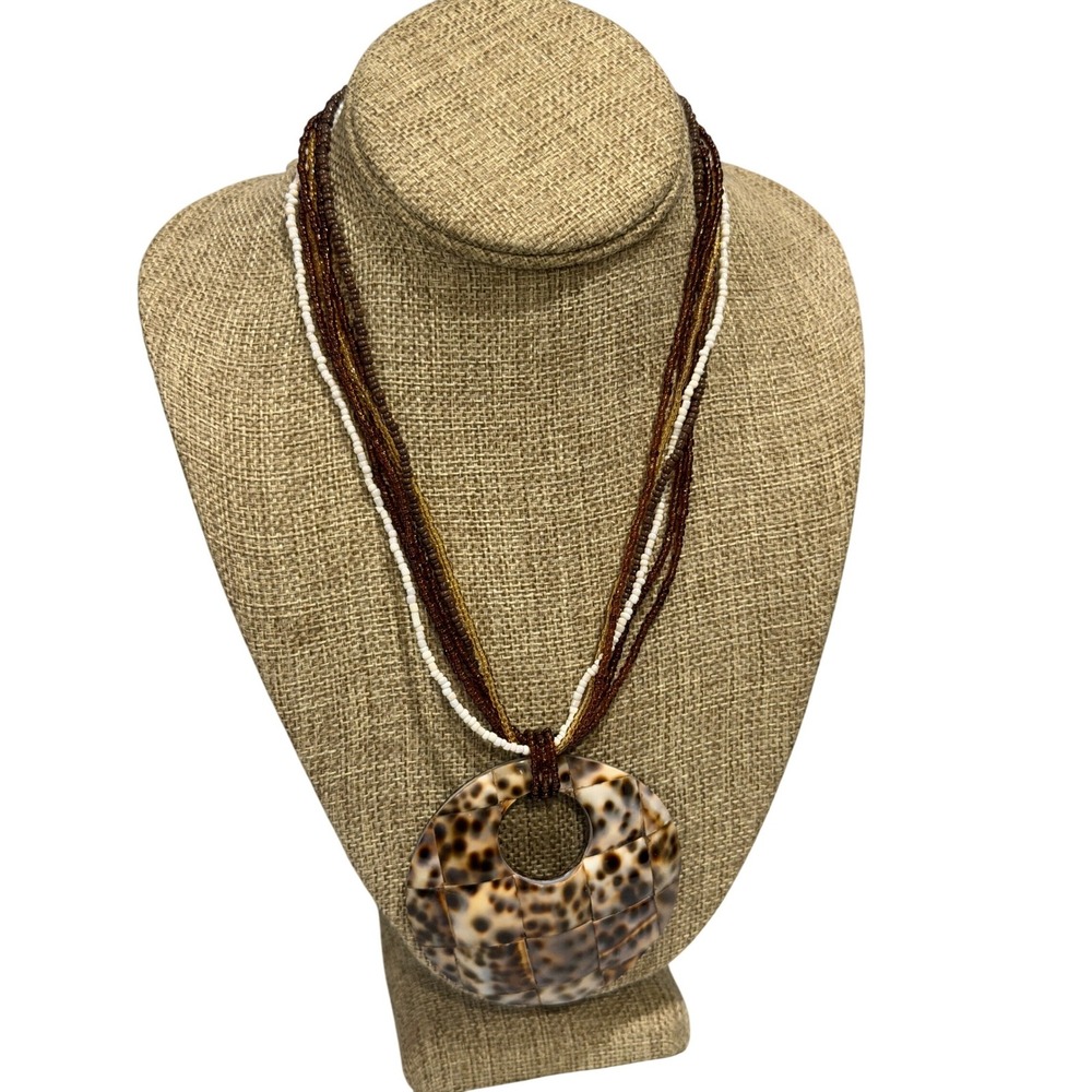 Artisan Shell & Coconut‎ Pendant Necklace Brown Cream Multi-Strand Beaded  Boho